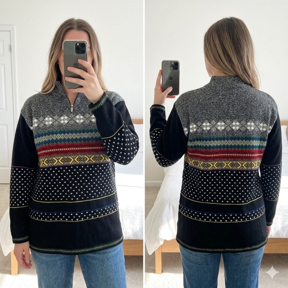 Lizwear Womens M Vintage Quarter Zip Sweater Patterned Fair Isle Black Gray Knit